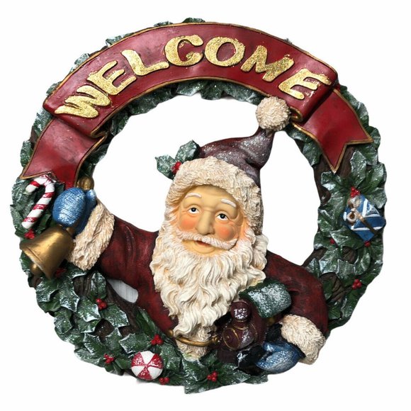Santa Round Resin Welcome Wreath With Bell Candy Cane & Train & Presents / Gifts - Picture 1 of 9